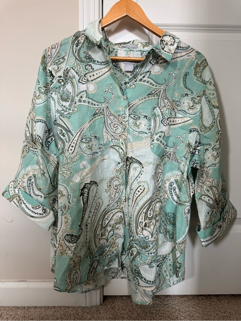 Chico's Size 3.5 Fresh Chic Paisley 100% Linen Button Down 3/4 Sleeve Top Boho